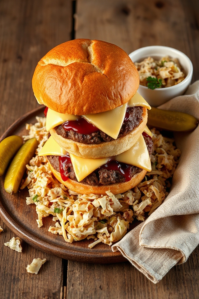 cheesy reubenburgers with sauerkraut