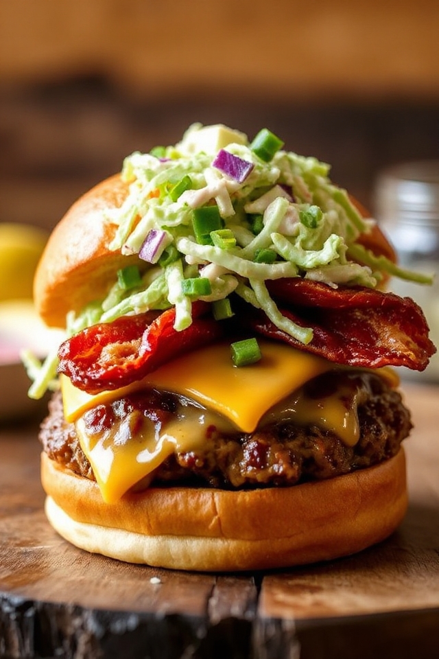 jerk pork cheeseburgers with slaw