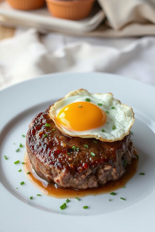 juicy steak topped with eggs