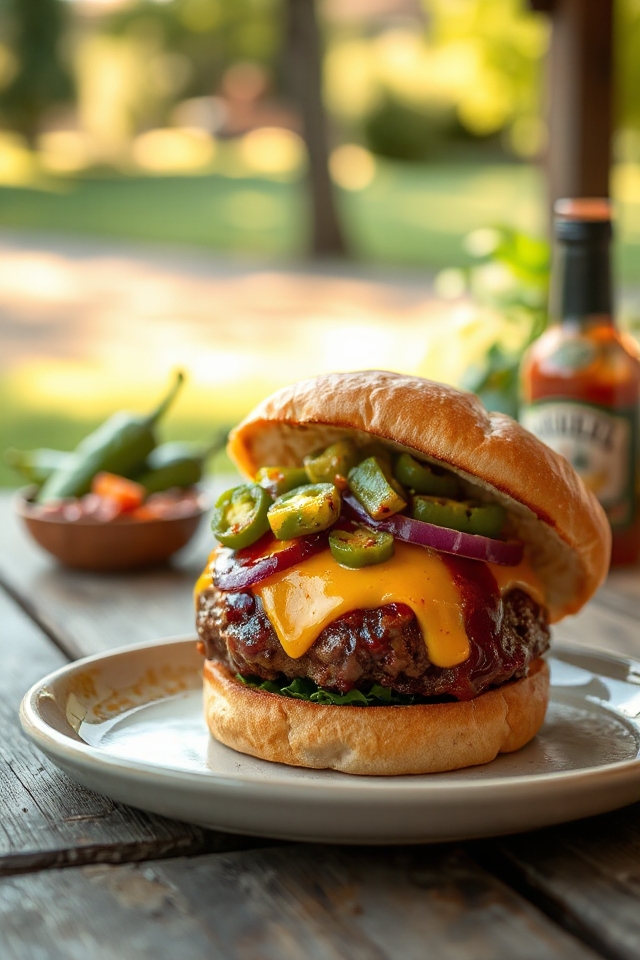 spicy cheeseburgers on grill